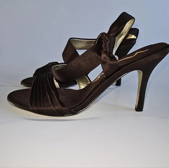 Nina Brown Satin Open Toe Gold Bottom Heels - Picture 2 of 6